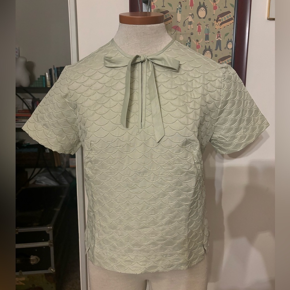 VINTAGE: Mermaid Fish Scales Bow Blouse SZ.S-M (PASTEL MINT GREEN)